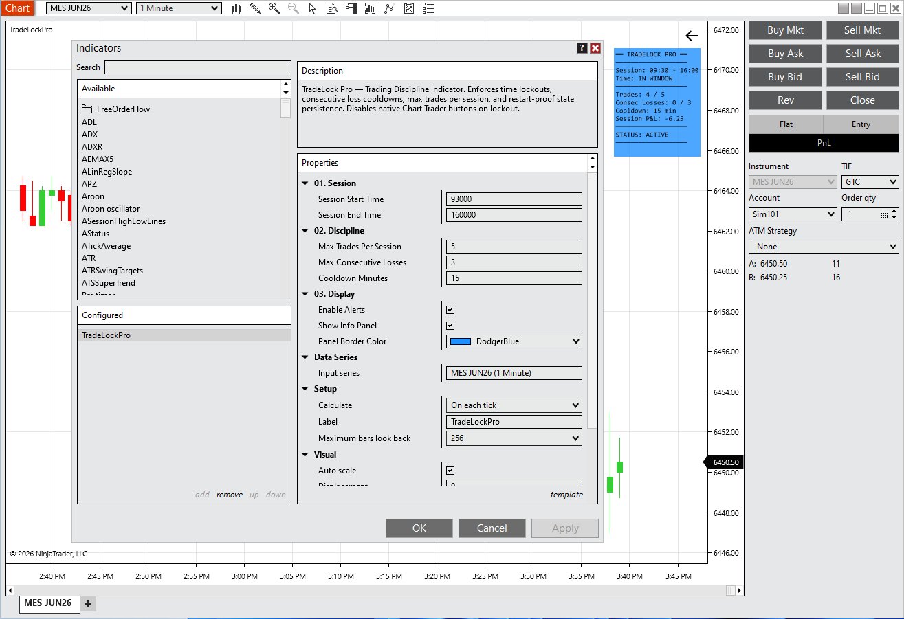 TradeLock Pro settings showing session times, discipline parameters, and display options